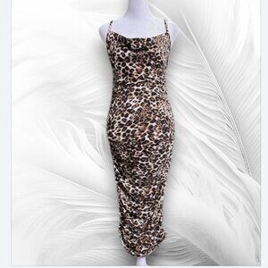 Leopard Print Ruched Bodycon Midi Dress Spaghetti Strap Cowl Neck S
